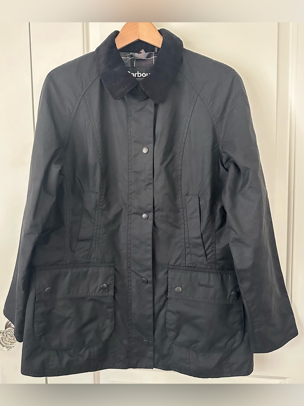 Barbour Beadnell Wax Jacket Black Women’s 10 Like New Classic Tartan